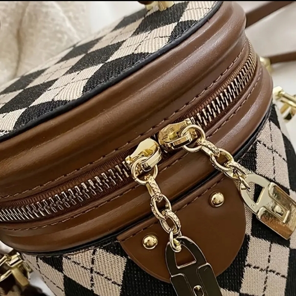 Mini Bucket Bag Brown & White Argyle Crossbody Small Bag - Picture 3 of 4